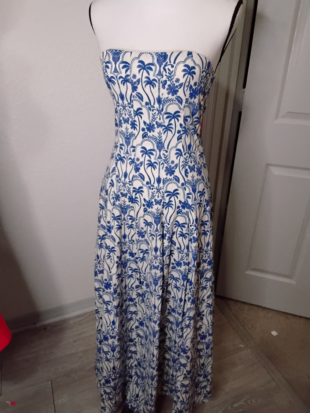 7 For All Mankind Strapless White Maxi Dress with Blue Palm Print